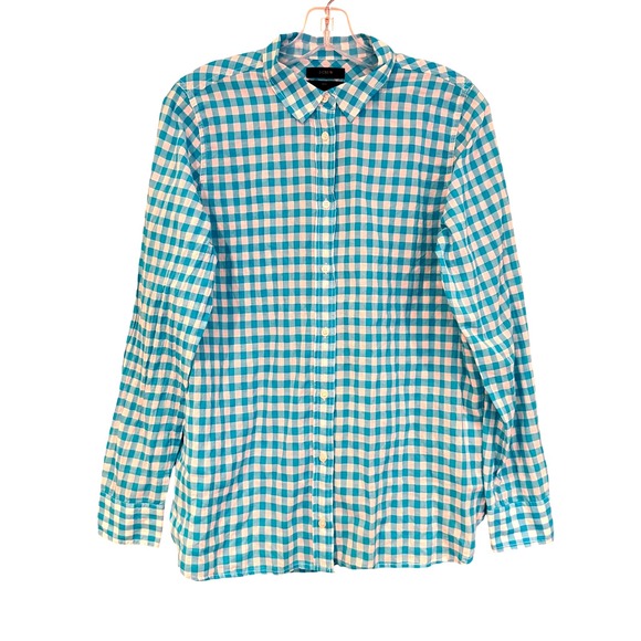J.Crew‎ Classic Fit Boy Crinkle Gingham Shirt Women's 6 Blue Career Preppy - Picture 2 of 12